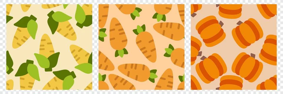Vegetable seamless pattern set. Carrot, corn and pumpkin. Design elements f.. Stock Illustration