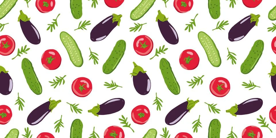 Vegetable seamless pattern with tomatoes, eggplants and cucumbers on white ba Stock Illustration
