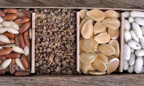 Vegetable seeds on cases box Foto stock