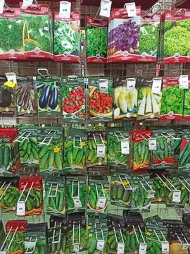 Vegetable seeds in packets on display stand for sale. Packets of different .. Stock Photos
