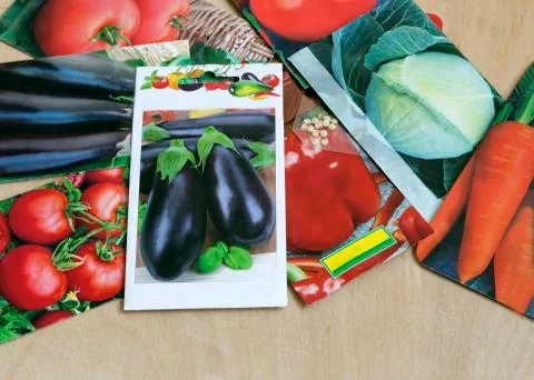 Vegetable seeds in small packages. Stock Photos