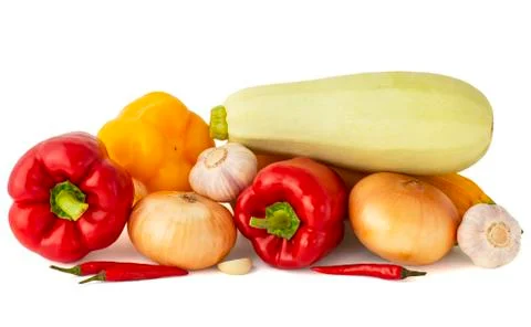 Vegetable set of bright ripe appetizing fruits of Bulgarian chili peppers gar Stock Photos