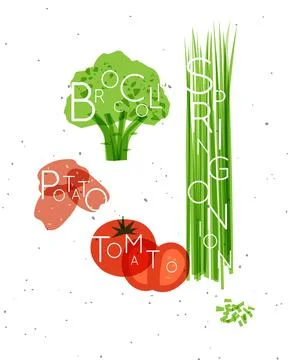 Vegetable set broccoli, potato, tomato, spring onion Stock Illustration