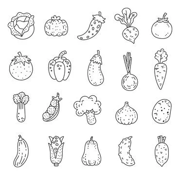Vegetable set in outline line art Stock Illustration