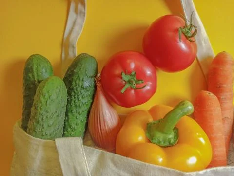 Vegetable set in a textile bag. Copy space for text Stock Photos