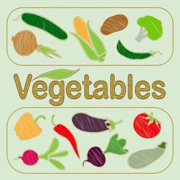 Vegetable set. Vector. Corn, onion, pepper, peas, chili, cauliflower, zucchin Illustrazione stock