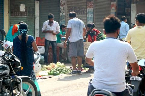 Vegetable shopping during lock down in India Stock Photos