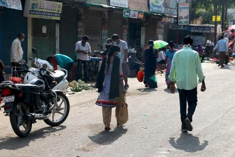 Vegetable shopping during lock down in India Stock Photos