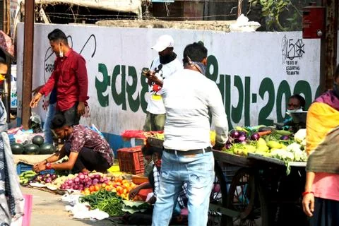 Vegetable shopping during lock down in India Stock Photos