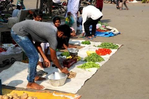 Vegetable shopping during lock down in India Stock Photos