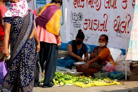 Vegetable shopping during lock down in India Stock Photos