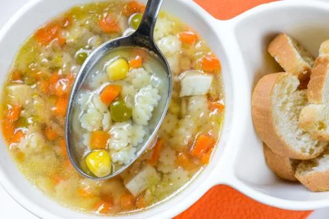 Vegetable soup with croutons Stock Photos
