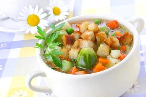 Vegetable soup with croutons Stock Photos