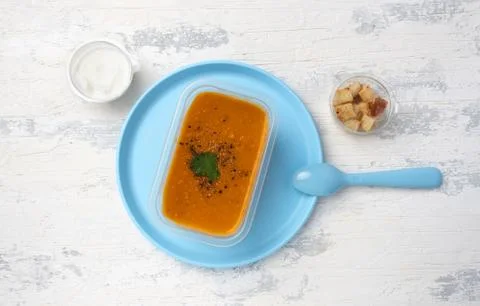 Vegetable soup in a plastic container Stock Photos