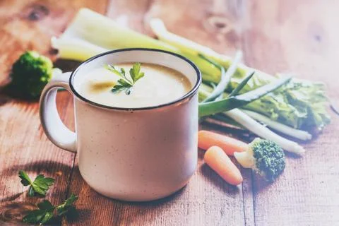 Vegetable soup puree in a mug Stock Photos