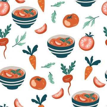 Vegetable soup seamless pattern. Organic Vegetarian Healthy Food. Farm market Stock Illustration