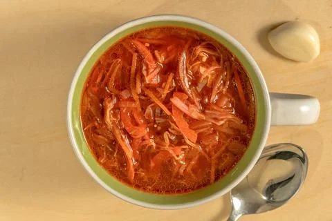 Vegetable soup without meat. Cabbage soup. Borsch. Close-up. Top view Stock Photos