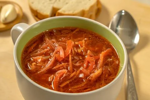 Vegetable soup without meat. Cabbage soup. Borsch. Close-up Stock Photos
