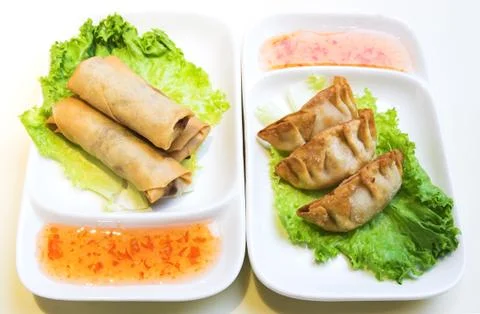 Vegetable spring rolls and chicken dumplings Stock Photos