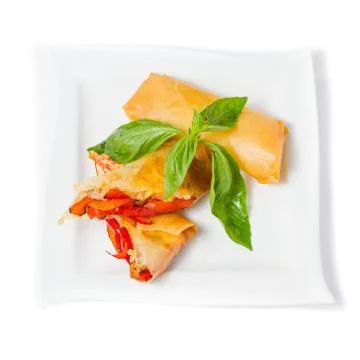 Vegetable Spring Rolls, on white dish top view Stock Photos