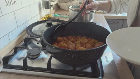 Vegetable Stew Boiling In Pan On Gas Stove Cooking Homemade Food Stock Footage 336455502