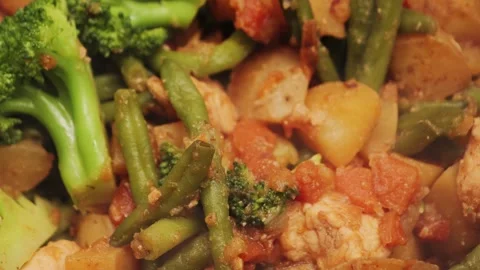 Vegetable stew with chicken, stewed potatoes, green beans, and broccoli are Stock Footage 328146122