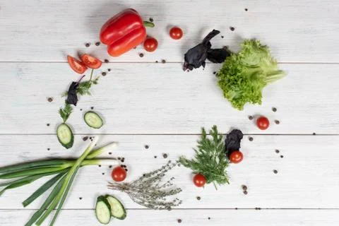 Vegetable various composition on white desk table background top view flat la Stock-Fotos