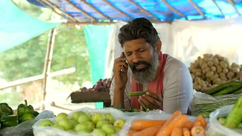A vegetable vendor talking on a call in a break time - free time activity, In... Stock Footage 260802826