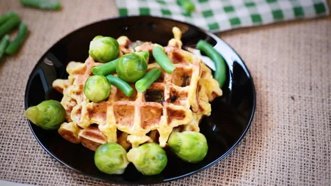 Vegetable waffles with Brussel sprouts and green beans Stock Footage 302916664
