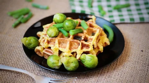Vegetable waffles with Brussel sprouts and green beans Stock Footage 303824981
