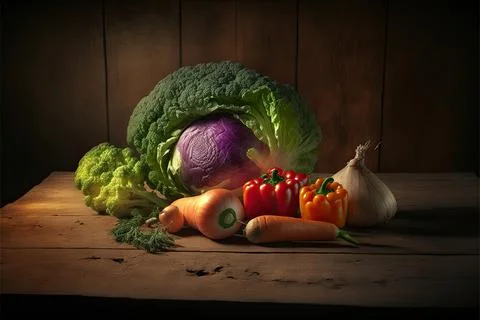 Vegetable on wood table, wide angle Stock Illustration