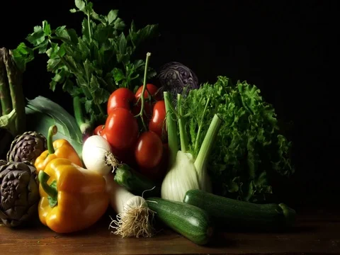 Vegetable on the wooden table 스톡 동영상 76870228