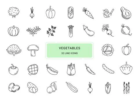 Vegetables, 32 line vector icons Stock Illustration