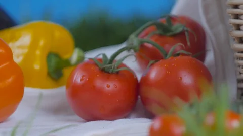Vegetables and basket with bread in the fresh air Video stock 128181573