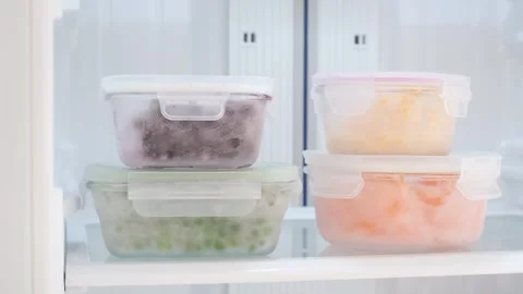 Vegetables and berries in glass boxes in the freezer close-up. Stock Footage 265111522