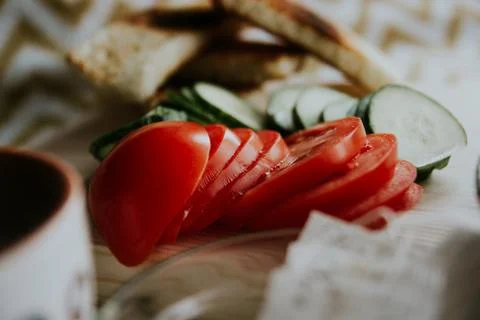 Vegetables and bred at the table Foto stock