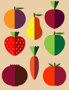 Vegetables and fruit on a beige background in the flat style. Vegan food. Stock Illustration
