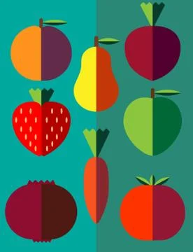 Vegetables and fruit on a blue background in the flat style. Vegan food. イラスト素材
