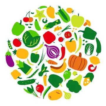 Vegetables and fruit icon set in a circle, vector illustration Stock Illustration