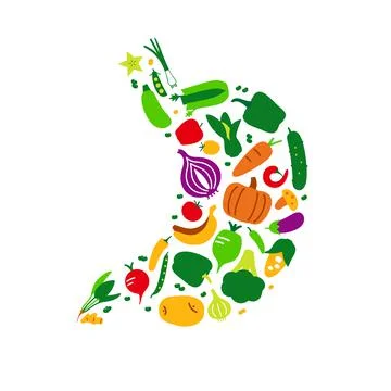 Vegetables and fruit icon set in stomach shape, vector illustration Stock-Illustration