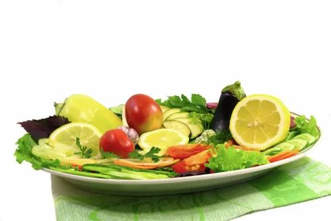 Vegetables and fruit platter. presented on a white background. Stock Photos