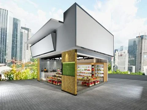 Vegetables and fruit store, 3d render. Illustrazione stock