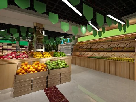 Vegetables and fruit store, 3d render. Illustrazione stock