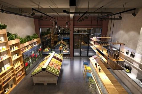 Vegetables and fruit store, 3d render. Illustrazione stock