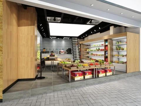 Vegetables and fruit store, 3d render. Illustrazione stock