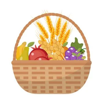Vegetables and fruit in a wicker basket icon of a flat style. Isolated on whi Illustrazione stock