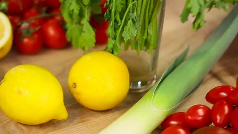 Vegetables and fruits close-up on a table Stock Footage 74428782