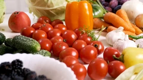 Vegetables and fruits on the table Stock Footage