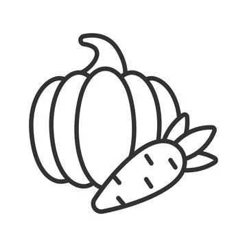 Vegetables and harvest icon in line design. Pumpkin, carrot, vegetable, harvest Ilustración de archivo