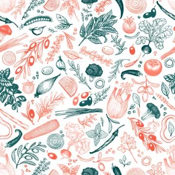 Vegetables and herbs vector seamless pattern. Retro engraved style background Stock Illustration